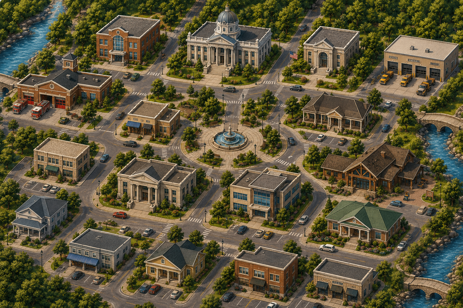 Illustrated aerial map of State of Utah Town Square showing buildings that link to homeownership topics.
